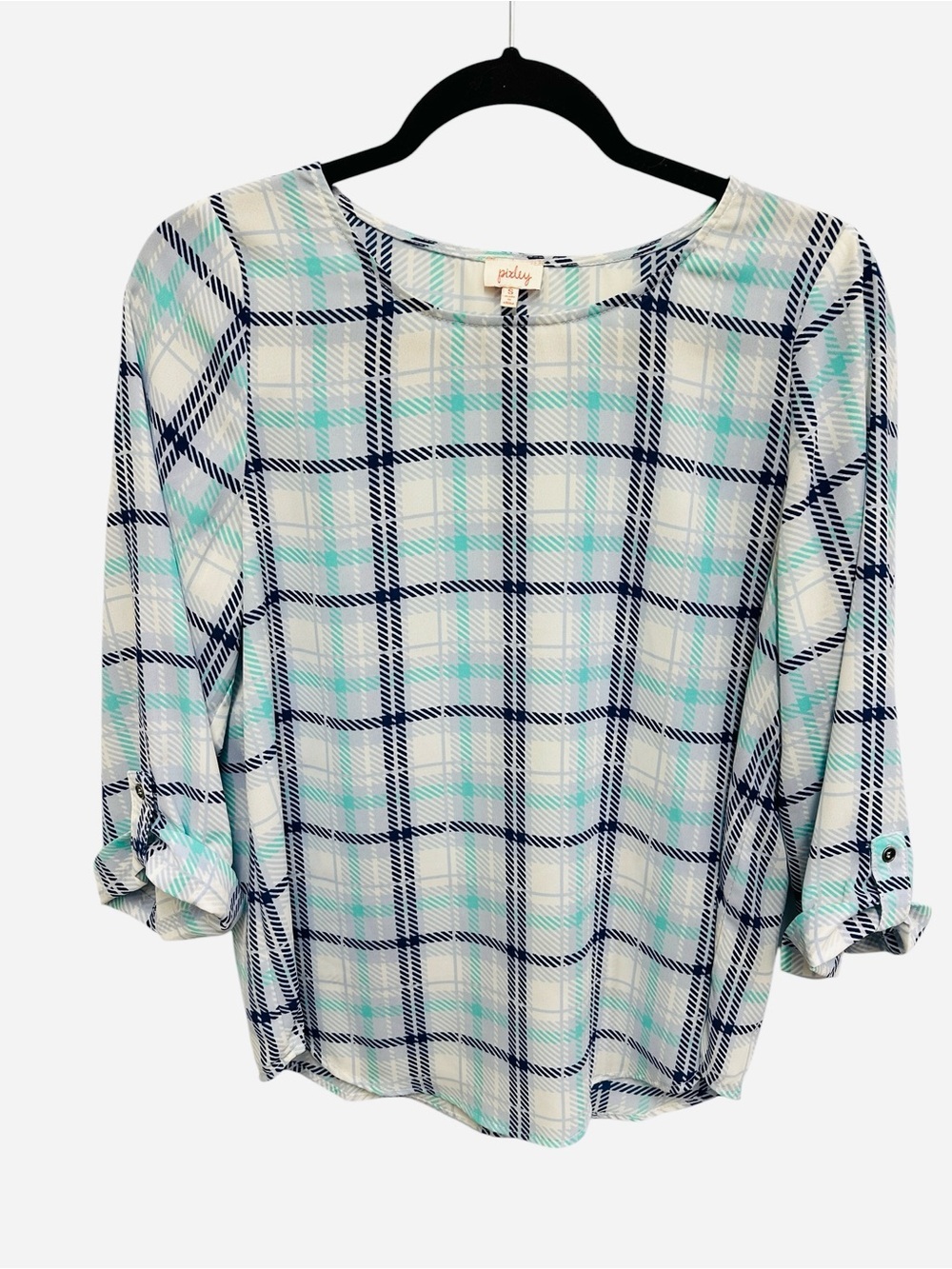 Pixley blue green white plaid blouse with 3/4 inch roll tab sleeves Size S